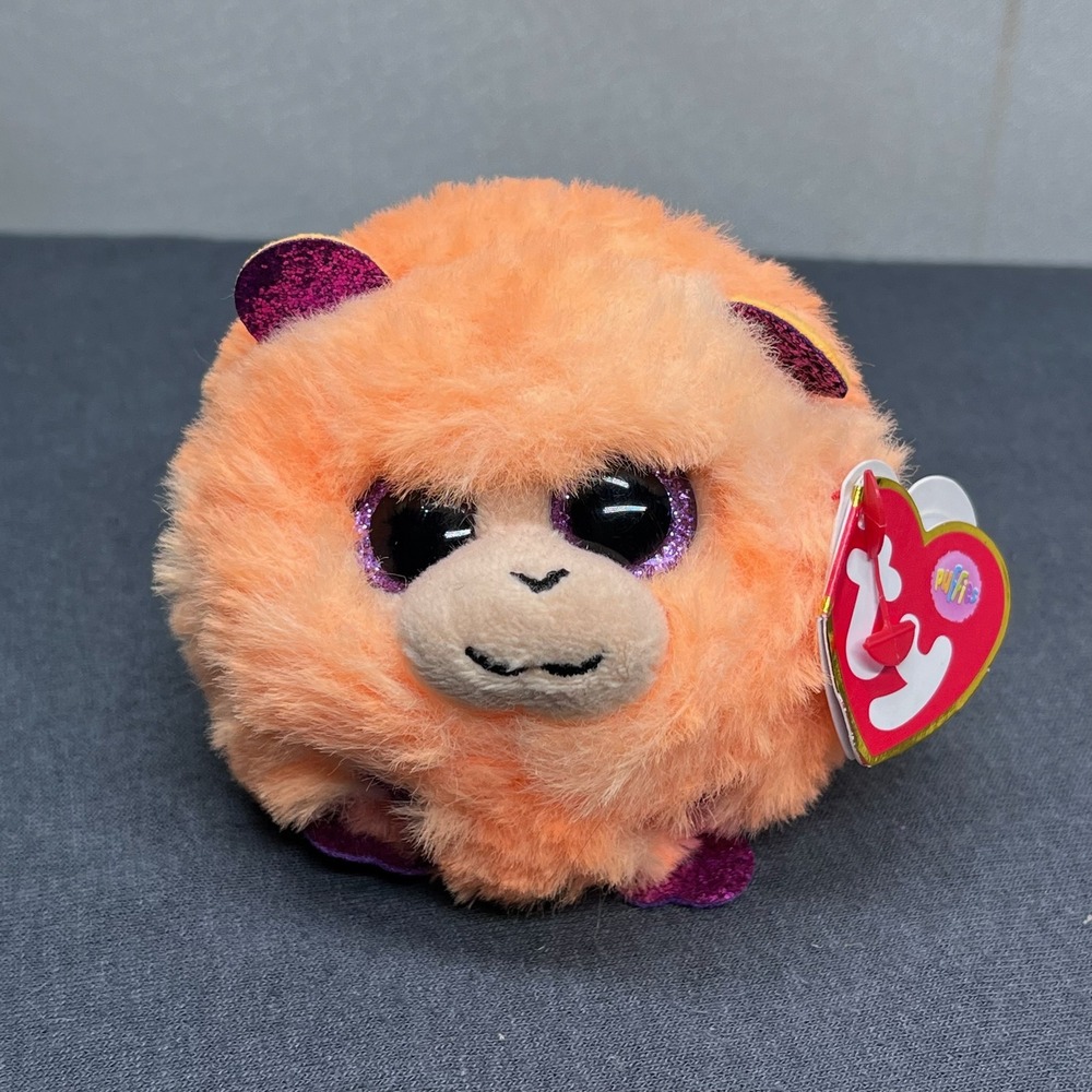 Ty Coconut Monkey Puffies Orange Plush 3 Inch Round Weighted Animal Toy